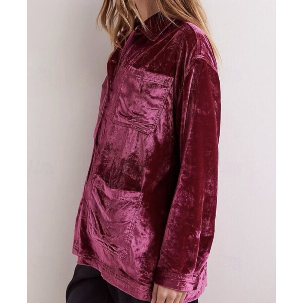 Free People We The Free Rhododendron Off Duty Velvet Shirt XS Oversized Burgundy - Picture 14 of 14
